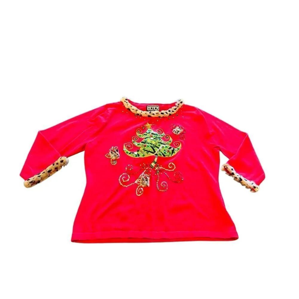 Berek Women's Knit Beaded Sequins Embroidered Christmas Tree Sweater Red Size XL